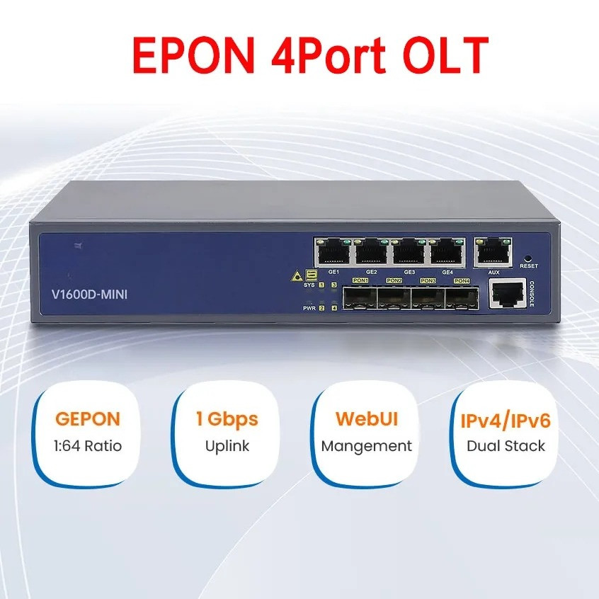 Epon OLT 4PON Mini 4port พร้อมการจัดการเว็บ รองรับ ONU ปลดล็อกแล้ว เข้ากันได้กับ Huawei ZTE EPON ONU