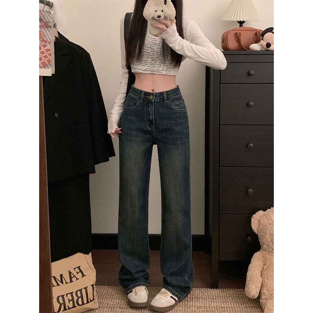 TAYCEN S-4XL(25-34) กางเกงยีนส์ผู้หญิง ไซส์ใหญ่  ผู้หญิงขนาดใหญ่เกาหลีผ้ายีนส์ เอวสูง ย้อนยุค เรียบๆขากว้างกางเกงยีนส์ขายาว กางเกงขายาว