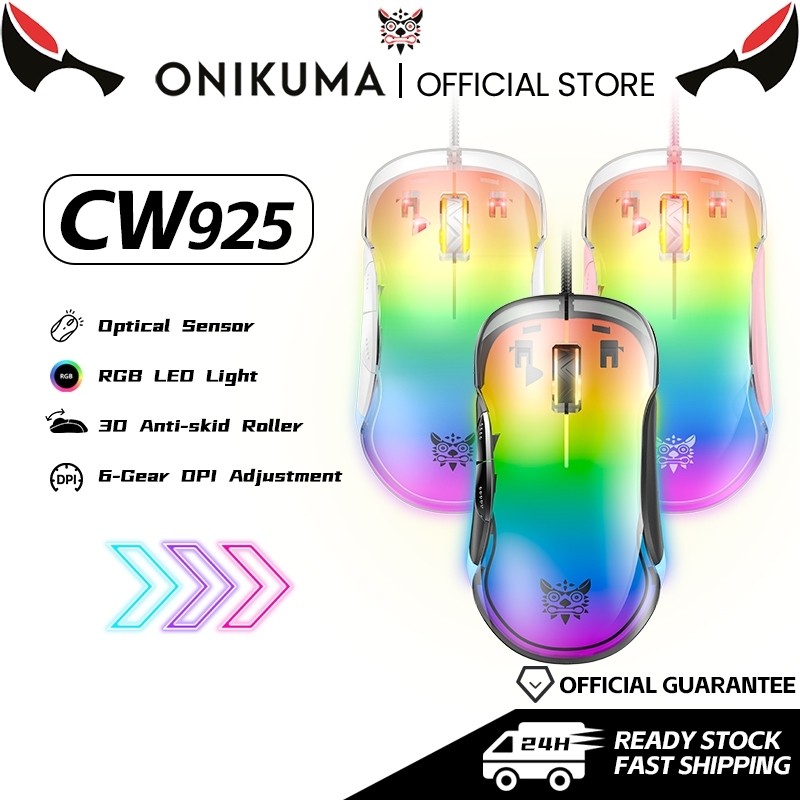 ONIKUMA CW925 เมาส์สําหรับเล่นเกมแบบมีสายพอร์ต USB ไฟ RGB โปร่งใสเมาส์กรีฑา DPI ที่ปรับได้