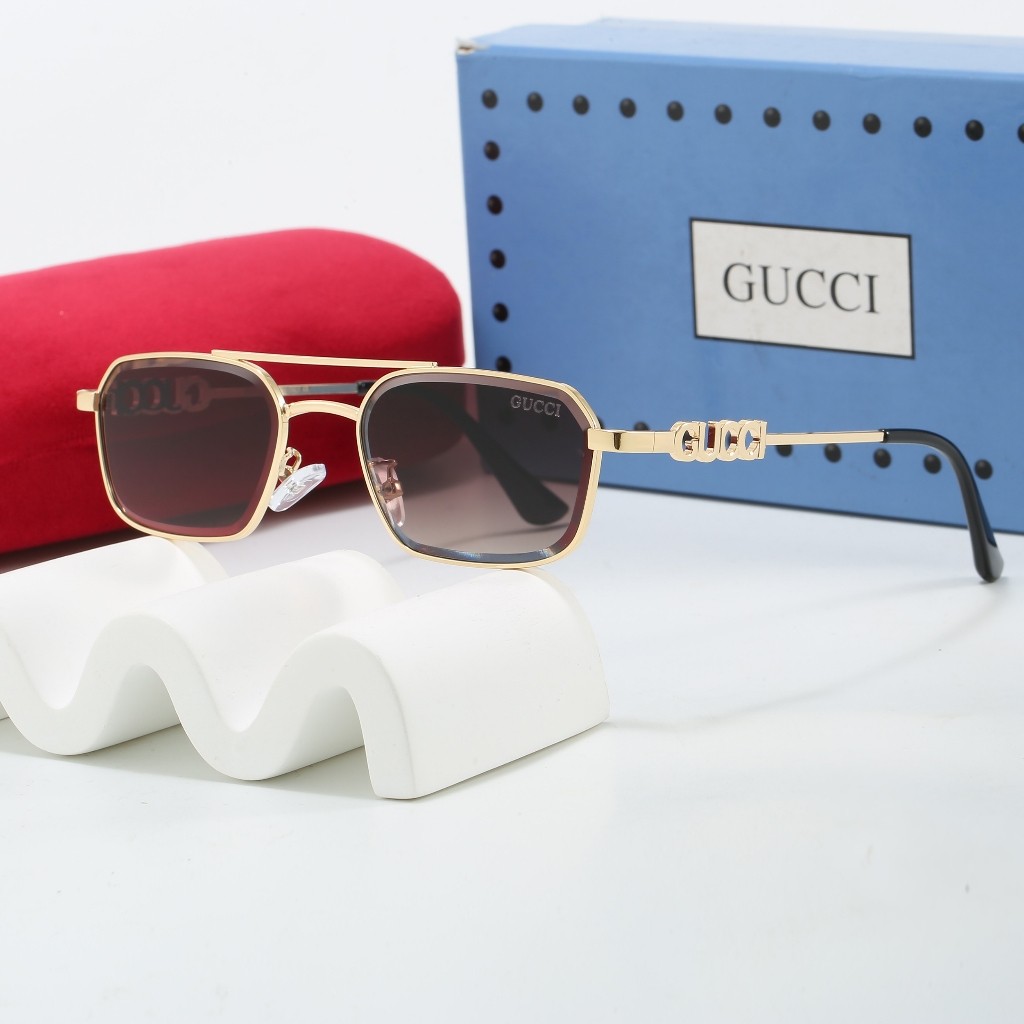 GUCCI แฟชั่น Double-Beam แว่นกันแดดกรอบเล็กกรอบโลหะวัดโลโก้ผู้ชายผู้หญิงแว่นตากันแดดสไตล์เดียวกัน SK