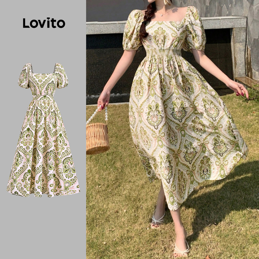 Lovito ชุดเดรสสไตล์โบฮีเมียนสำหรับคริสต์มาส/ปาร์ตี้ ทรงเข้ารูป เดรสฤดูใบไม้ผลิ/ฤดูร้อนสำหรับผู้หญิง 