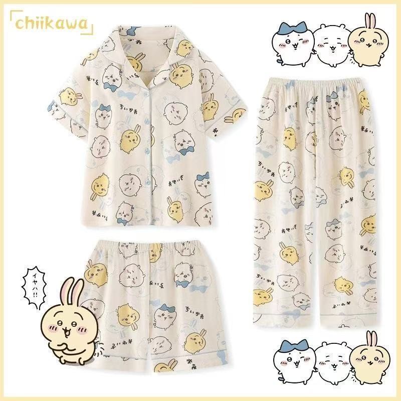 ลดพิเศษ ชุดนอน Chiikawa จิอิ & อูซากิ 3 ชิ้น ผ้าฝ้ายนุ่ม แขนสั้น-ขาสั้น น่ารักน่าเอ็นดู
