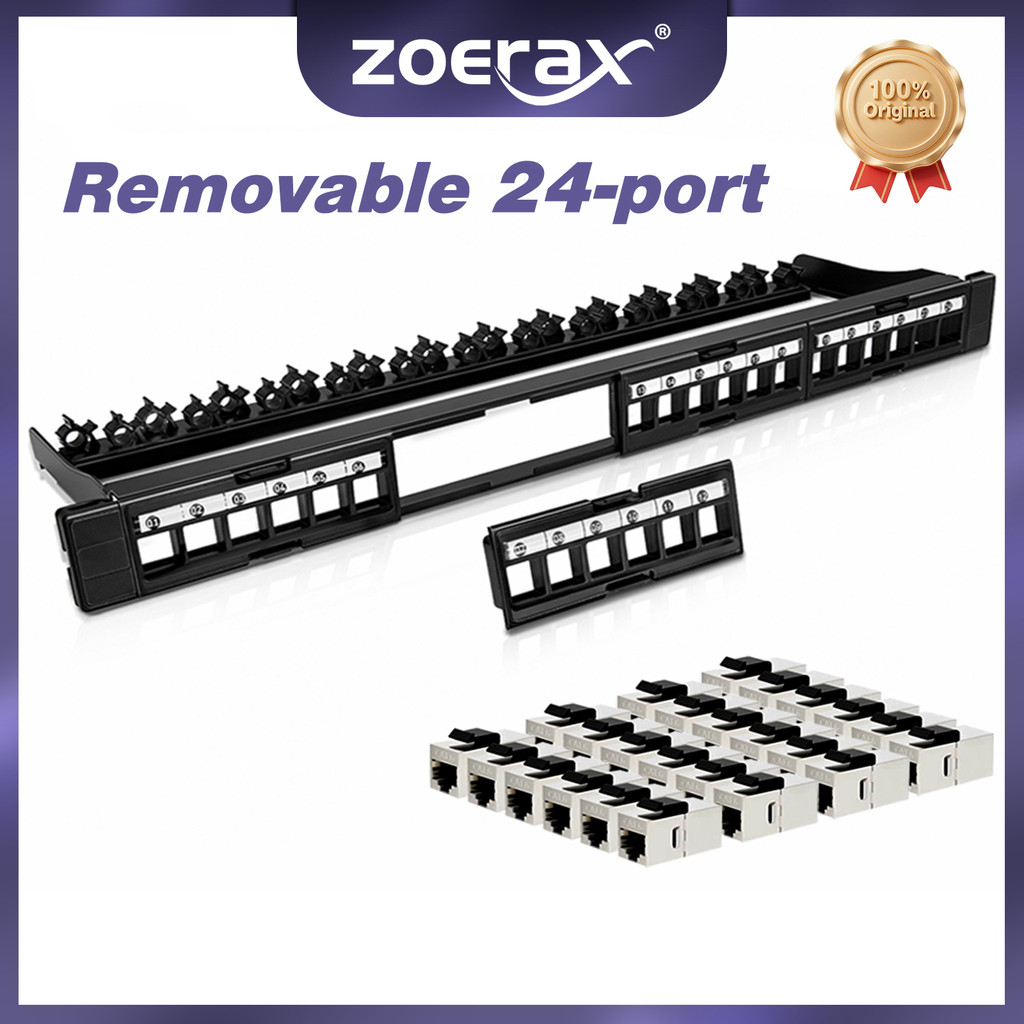 ZoeRax 24-Port Unshielded Patch แผง Cat7 Cat6A Cat6 Cat5E Coupler ที่ถอดออกได้แทรก 19 นิ้ว/1U เครือข่าย Patch แผง