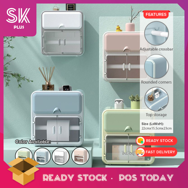 SKplus ชั้นวางกระดาษชําระติดผนัง กล่องกันฝุ่นกันน้ํา Double Big Size Organizer Kotak Tisu Tandas