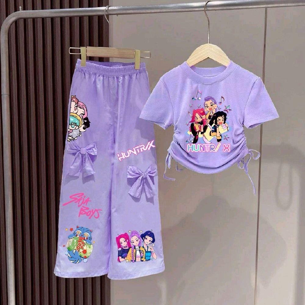 PINKชุดเซ็ทเด็กลายสุดฮิต Soda pop เสื้อผูกโบว์+กางเกงขายาวแต่งโบว์