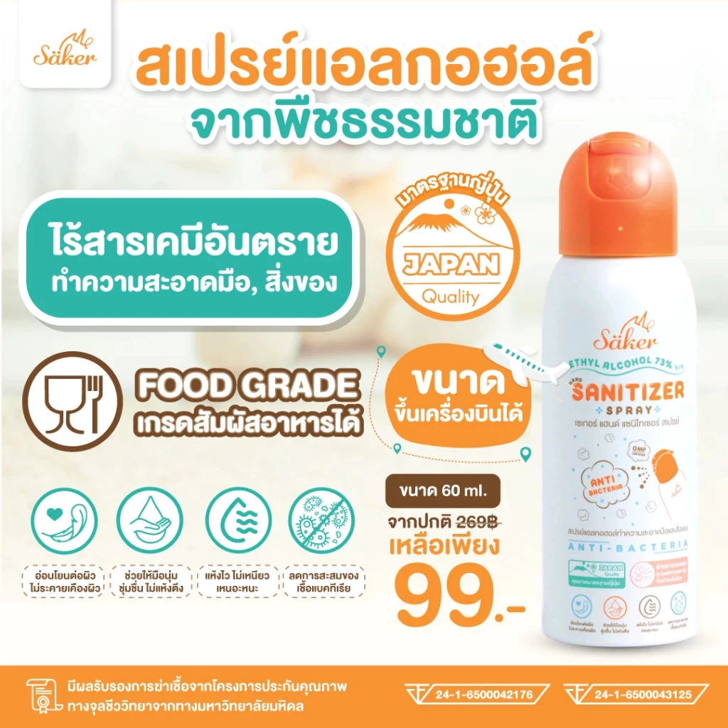 Saker สเปรย์แอลกอฮอล์พืชธรรมชาติ 60ml ขึ้นเครื่องบินได้ ฟู้ดเกรดทำความสะอาดมือ สิ่งของเกรดสัมผัสอาหารได้