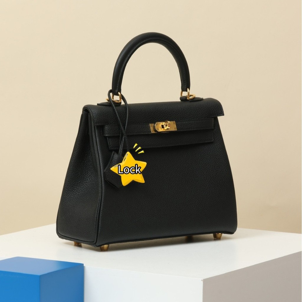 Pure Handmade Kelly Bag from France, Togo Leather, Black with Gold Buckle