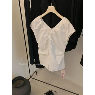 mimi&didi#เสื้อเอวลอยคอวีผูกโบว์สำหรับผู้หญิง สไตล์ฤดูร้อนใหม่ เสื้อรัดรูปและใส่ได้หลากหลาย ดีไซน์รัดเอว#99200