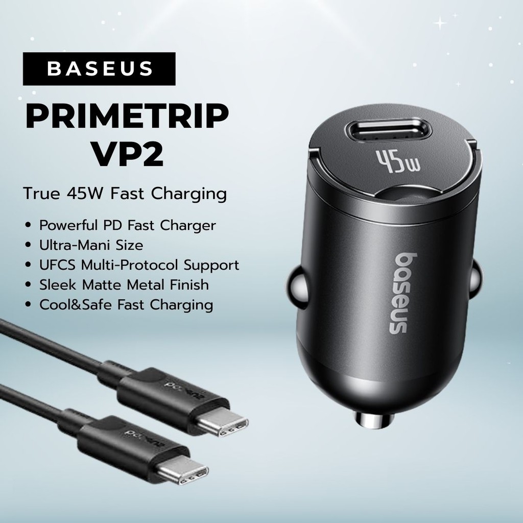 ที่ชาร์จในรถ Baseus PrimeTrip VP2 หัวชาร์จเร็ว 45W พร้อมสาย USB-C to USB-C 60W ยาว1เมตร Car Charger