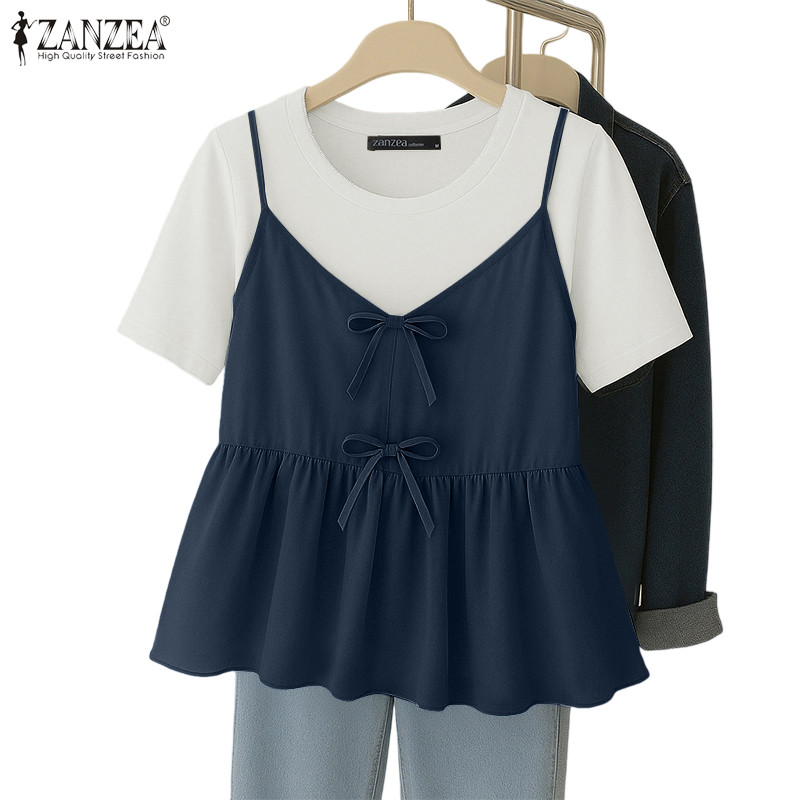 ZANZEA เสื้อยืดผู้หญิง สไตล์เกาหลีหวาน โบว์โนต และแพทช์เวิร์ค - รูปที่ 3