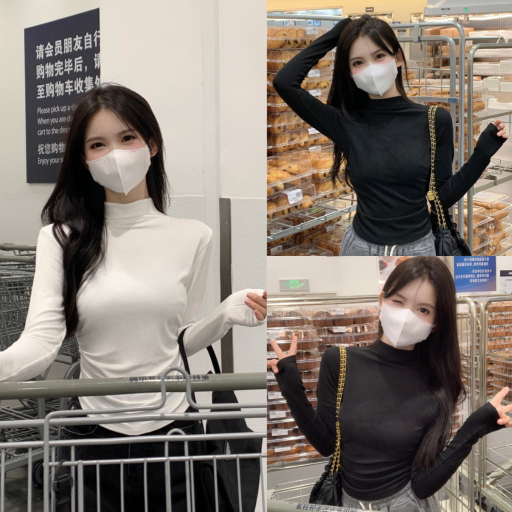 Bella Shop เสื้อยืดแขนยาวทรงสลิมฟิตสำหรับผู้หญิง เสื้อคอเต่าครึ่งตัวสุดเก๋ จีบข้าง สไตล์พื้นฐาน เสื้อตัวบนสีพื้น