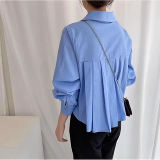 Red Berryเสื้อเชิ้ตแขนยาวหลวมๆ สไตล์เกาหลีสำหรับผู้หญิง สีพื้นเรียบง่าย ดีไซน์จับจีบด้านหลังW650