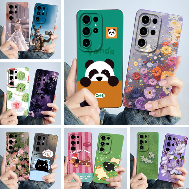 ปลอกสําหรับ Samsung Galaxy S23 Ultra / S22 Ultra 5G น่ารัก Panda สาวหวานแมวรูปแบบซิลิโคนนุ่มกันกระแทกเลนส์ฝาครอบป้องกัน