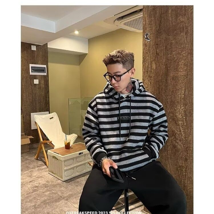 COD 2025 Autumn Winter Sweater Men Color-Block Striped Hooded Men's Knitwear Vintage Cool Design Jac