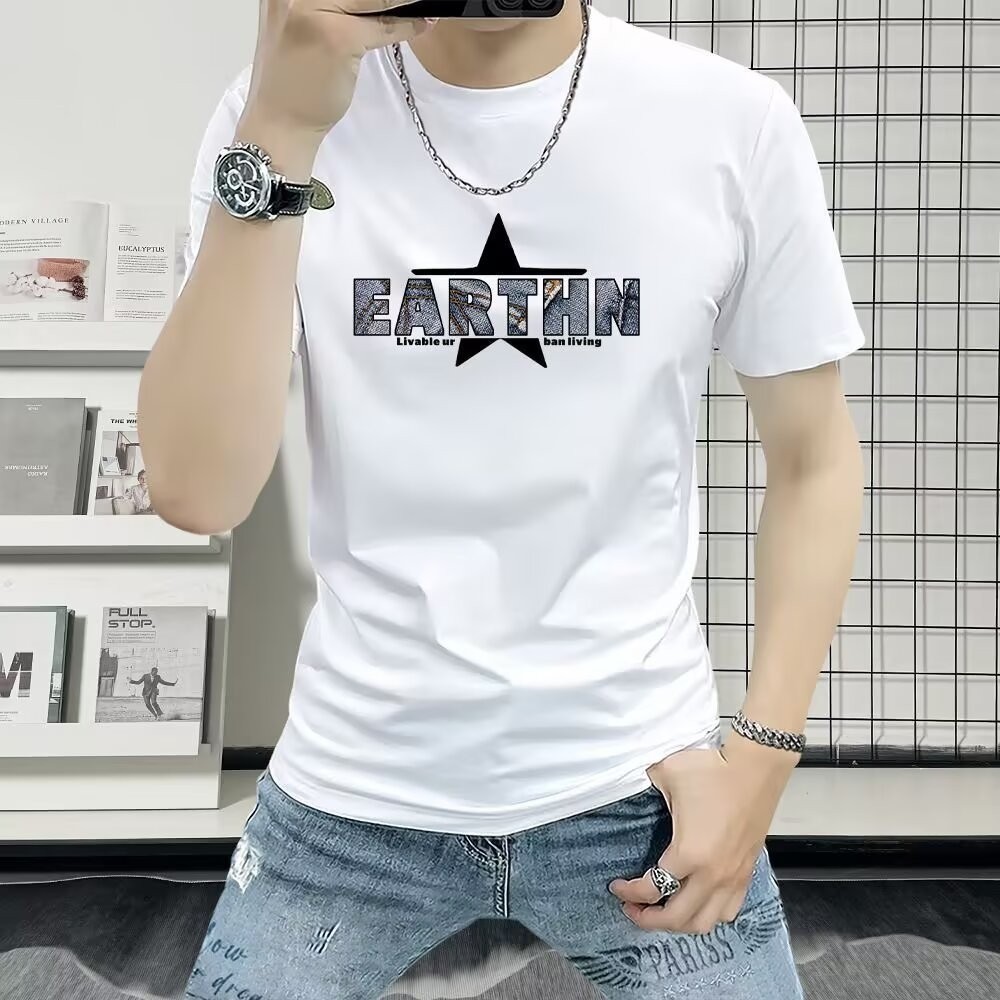 2025 NEW 2025 European Station Short Sleeve T-Shirt Fashion Casual Letter Print Half Sleeve Men's To