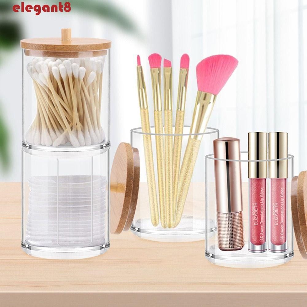 ELEGANT Qtips ผู้ถือเครื่องสําอางพร้อมฝาปิดไม้ไผ่แต่งหน้าคอนเทนเนอร์เครื่องประดับห้องน้ํา Jars