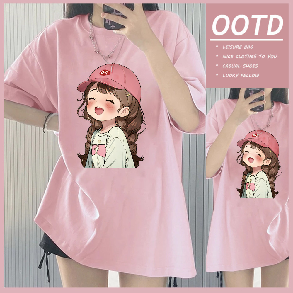 T42.SHOP🌸 เสื้อยืด oversize เสื้อน่ารัก ลายพิมพ์แฟชั่น ผ้าCotton 100% ใส่สบาย เสื้อกีฬา 'Pink hat girl '