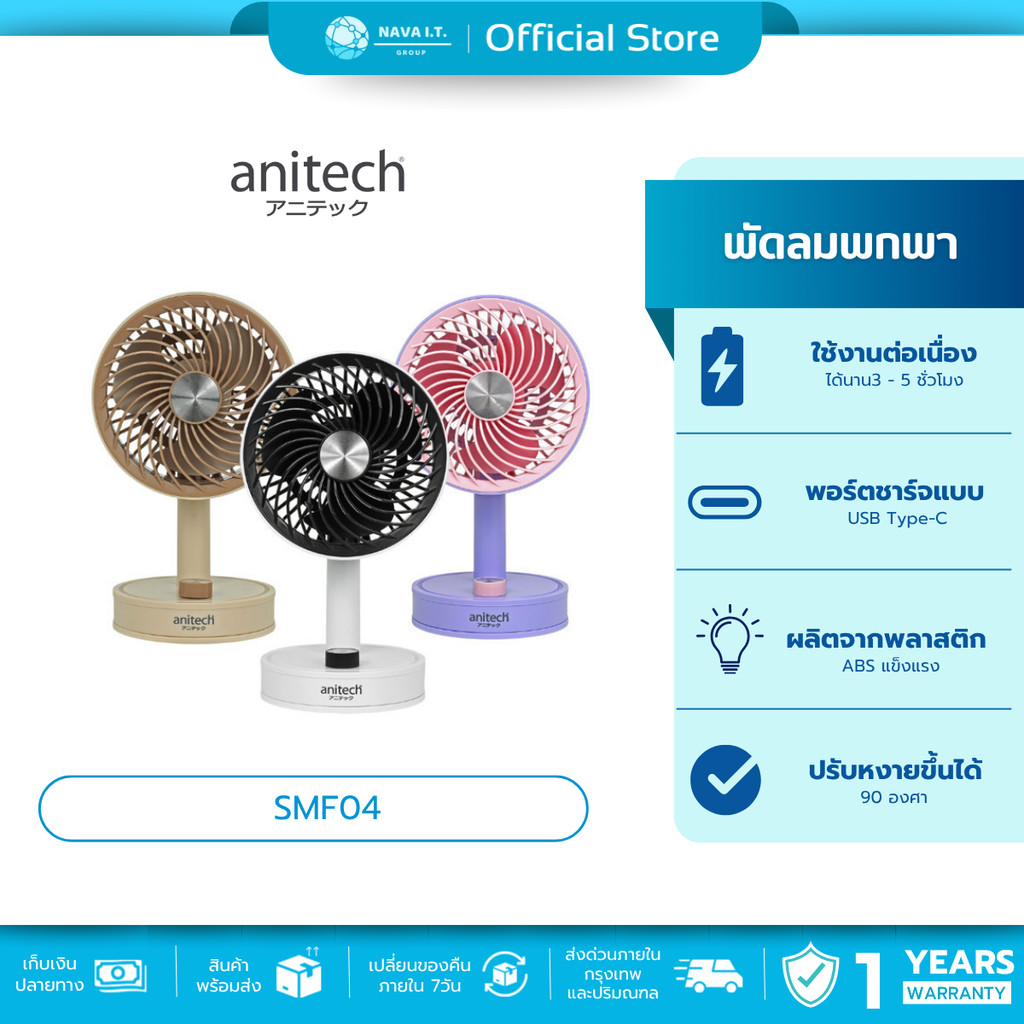 🛵มีส่งด่วน💨Anitech SMF04 พัดลมพกพา ปุ่มปรับแรงลมแบบหมุน แบตเตอรี่ 1200mAh รับประกัน 1 ปี