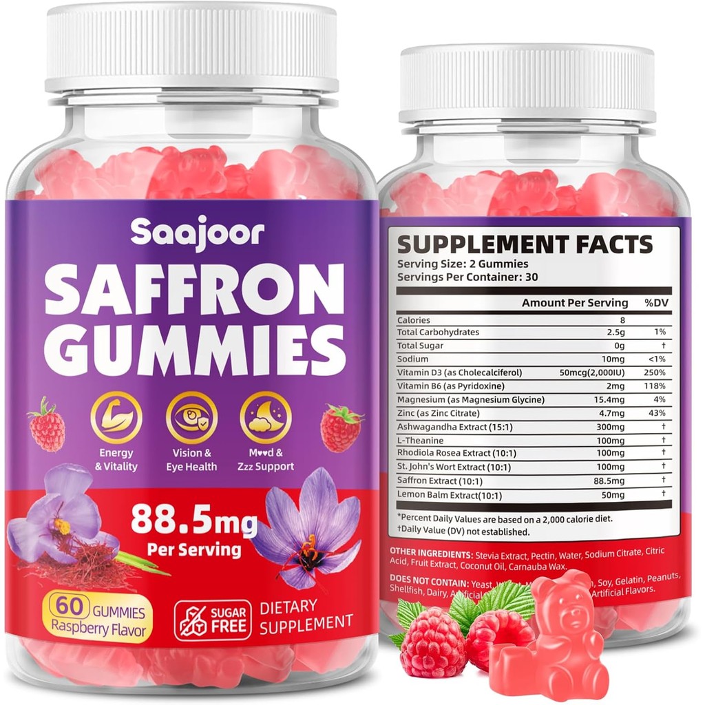 Saffron Gummies for Adult Kids - with Saffron 88.5mg, Vitamins D3 & B6, Magnesium, Zinc