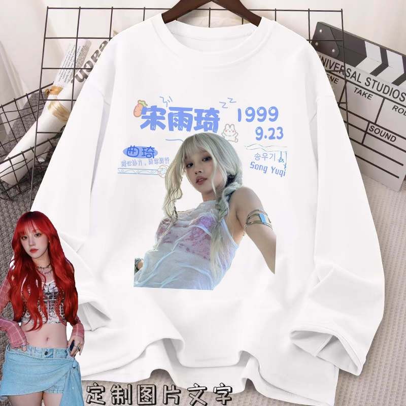 YUQI YuQI ร่มหลวมหลวมหลวมฤดูใบไม้ผลิและสั้นสั้นสั้นสั้น GIDLET พิมพ์เสื้อแขนสั้น YuQI Quqi เพลง Yuqi