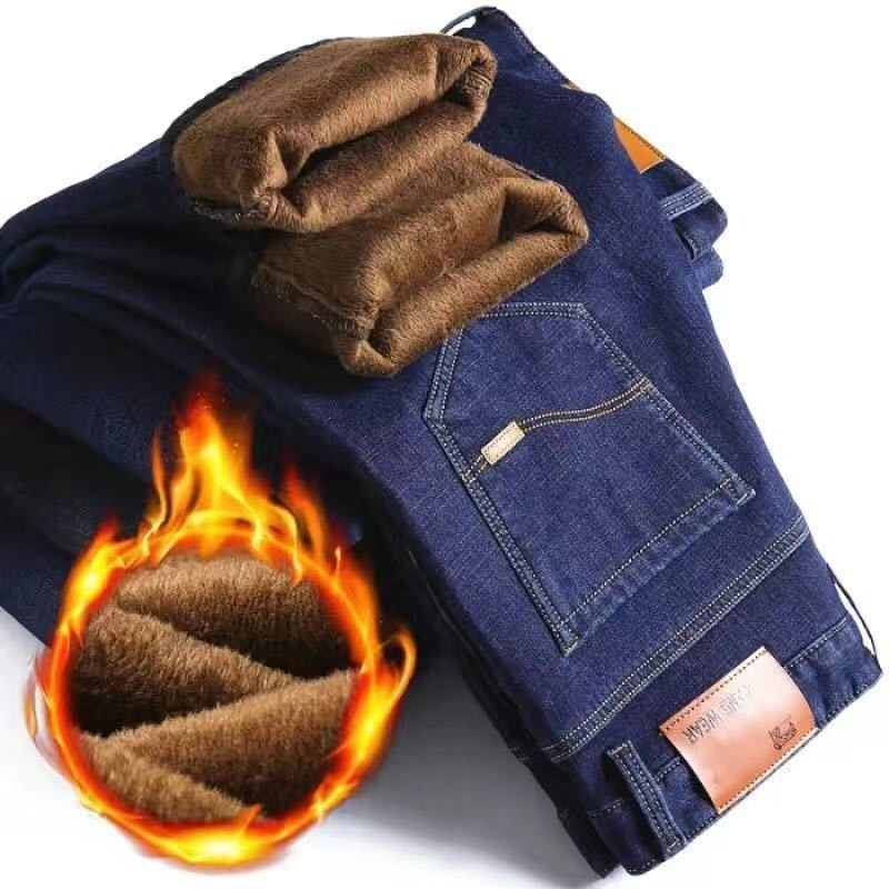 กางเกงเดนิมผ้าฟลีซอบอุ่นสำหรับผู้ชาย ทรงขาตรง สวมใส่สบาย เหมาะสำหรับการทำงานหรือ