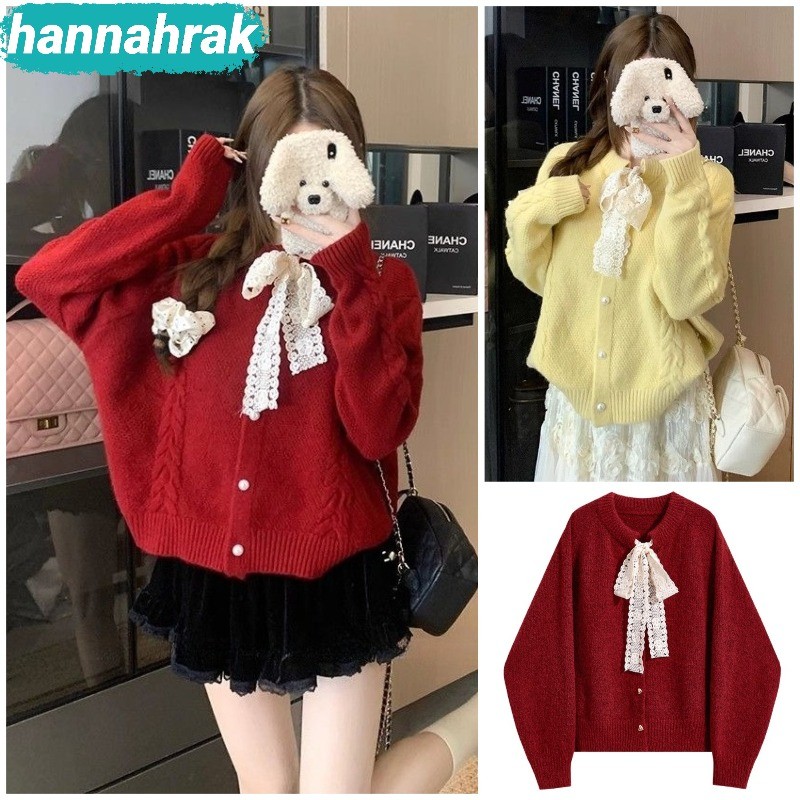 (ส่งจากกรุงเทพฯ)เสื้อกันหนาว คาร์ดิแกนผู้หญิง ผ้าถัก ทรงหลวม สีแดงเสื้อไหมพรม สไตล์เกาหลี เหมาะกับฤดูใบไม้ร่วง ฤดูหนาว