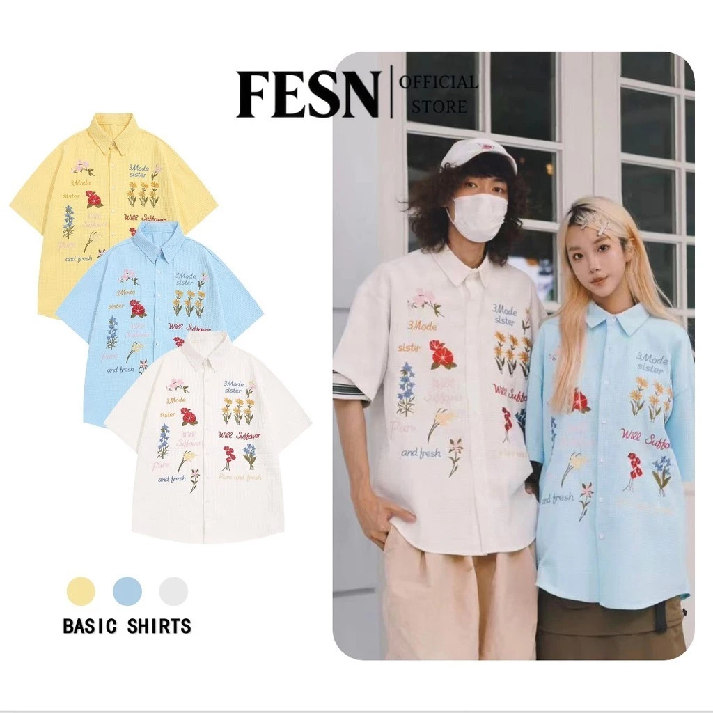 หลวมคู่อเมริกันย้อนยุควาฟเฟิลเสื้อเชิ้ตปักแขนสั้นลายดอกไม้สีสันสดใส