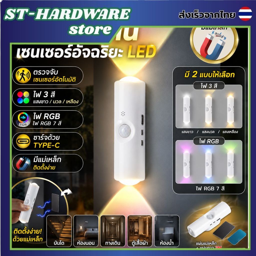 [ส่งเร็ว] ไฟเซนเซอร์ไร้สาย ไฟติดผนัง LED ไฟทางเดินอัจฉริยะ ปรับได้ 3 สี ชาร์จ USB ไฟกลางคืนห้องนอน