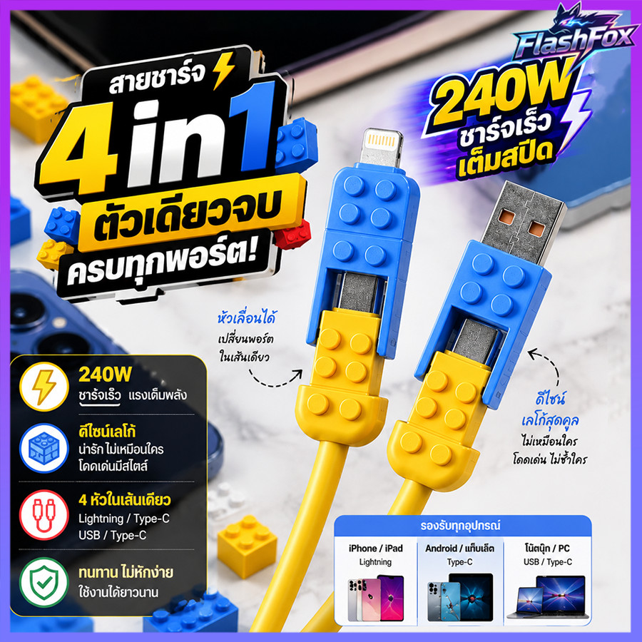 flashfox⚡ สายชาร์จ 4-in-1 240W ชาร์จเร็ว สไตล์เลโก้ รองรับ iPhone/Type-C/Android ยาว 1.5m