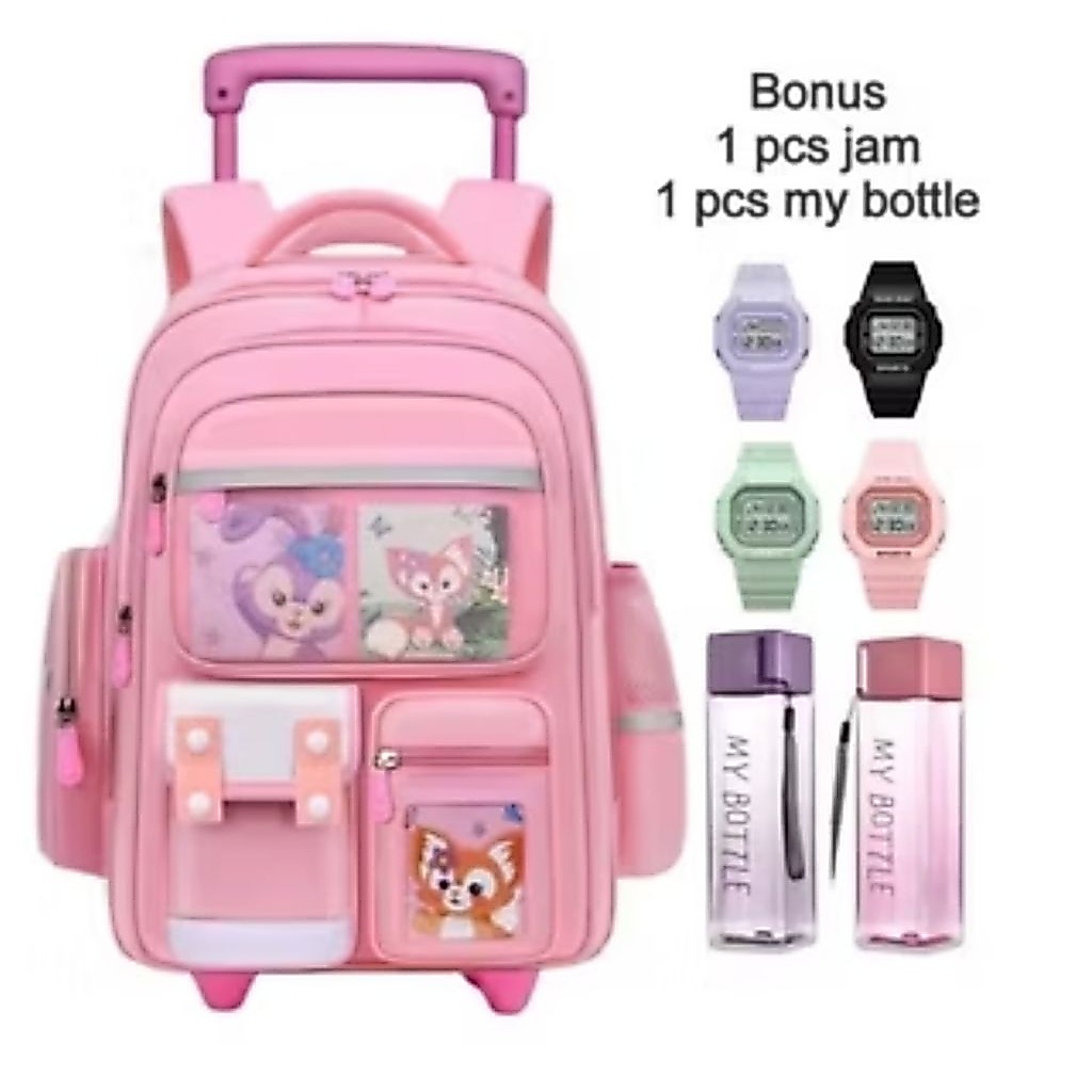 BBS TROLLEY กระเป๋าสําหรับ ELEMENTARY SCHOOL GIRLS PLAIN WHEEL PUSH BAG GIRLS BACKPACK