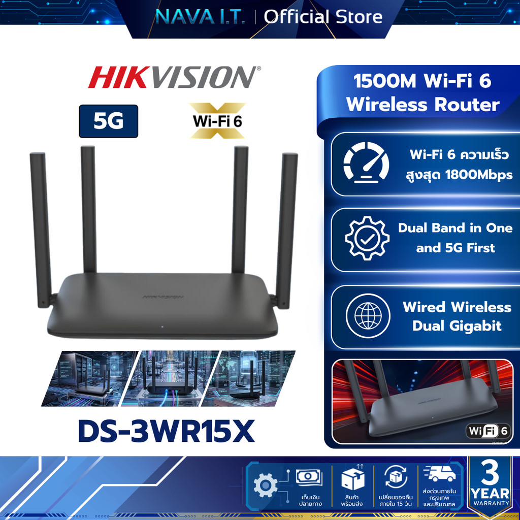 HIKVISION รุ่น DS-3WR15X 1500 M Wi-Fi 6 Wireless Router Dual Band in One and 5G First รับประกัน 3 ปี