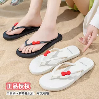 Sanrio ของแท้ที่ได้รับอนุญาต HelloKitty Flip-Flops ผู้หญิงฤดูร้อนสวมใส่ด้านนอกแบนรองเท้าแตะชายหาดลื่นน่ารักน่ารัก GHO6