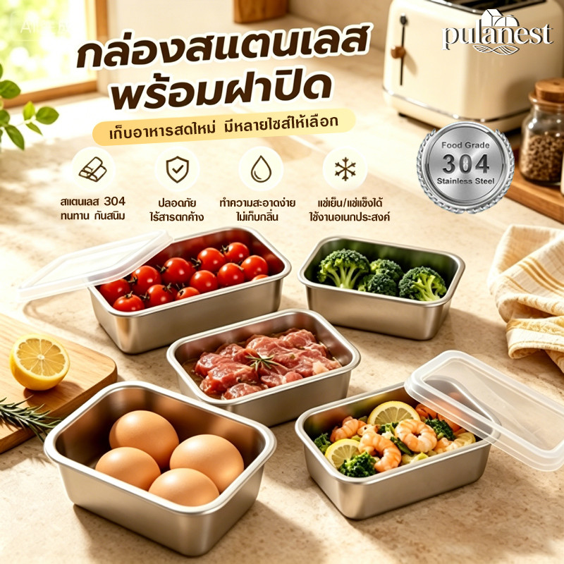 กล่องสแตนเลส 304 ทรงสี่เหลี่ยมผืนผ้า กล่องถนอมอาหาร พร้อมฝาปิดพลาสติก ถาดเสิร์ฟอาหาร ก๋วยเตี๋ยว ผลไม้ เนื้อหนา