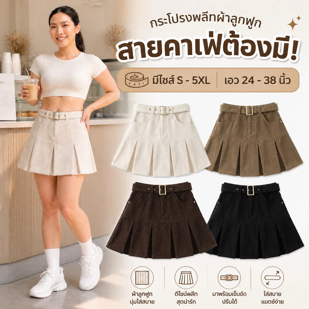 พร้อมส่ง กระโปรงY2K ผ้าลูกฟูก จัดเซ็ทเข็มขัด จีบรอบ มีซับใน แฟชั่นเสื้อผ้าเกาหลี