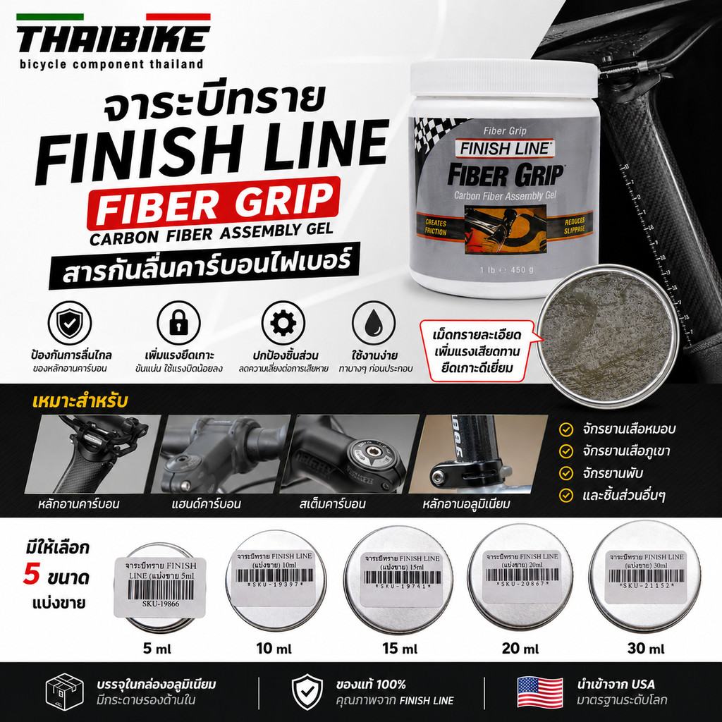 จาระบีทราย FINISH LINE 5/10/15/20/30 ml(แบ่งขาย) สำหรับจักรยาน กันลื่นกันหลักอานคาร์บอน และชิ้นส่วนอื่น
