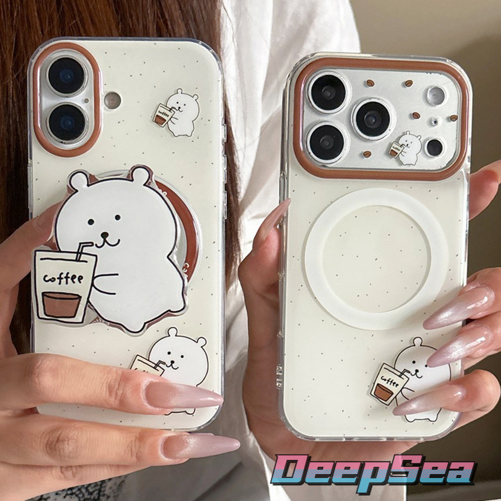 สําหรับ iPhone 17 Pro Max 16 15P เคสโทรศัพท์พร้อมกาแฟ ‌Joke Bear ขาตั้งแม่เหล็กน่ารักการ์ตูน Beige Soft TPU ป้องกันสกปรกต้านทานฝาครอบเปลือกกันกระแทก