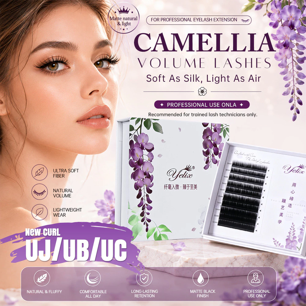 Yelix Premium Camellia Lash Extensions LJ/LB/LC/UJ/UB/UC Curl Wispy Volume Manga Eyelashes Matte สีดําขนตาส่วนบุคคล
