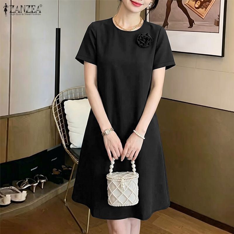 ZANZEA ผู้หญิงเกาหลีอารมณ์หรูหราคอลูกเรือแขนสั้น 3D ดอกไม้ตกแต่งหลวม A-Line ชุดเดรส — صورة 4