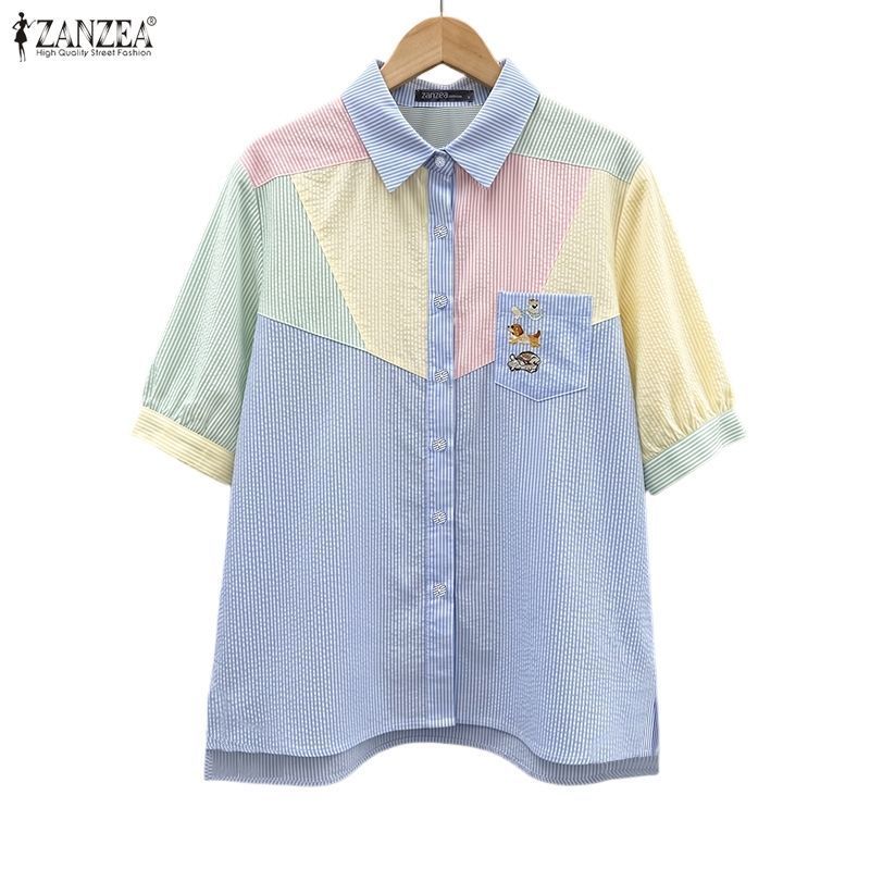 ZANZEA ผู้หญิงเกาหลี Retro ปกแพทช์กระเป๋าพิมพ์กราฟิกสีบล็อก Patchwork Stripe เสื้อแขนสั้น