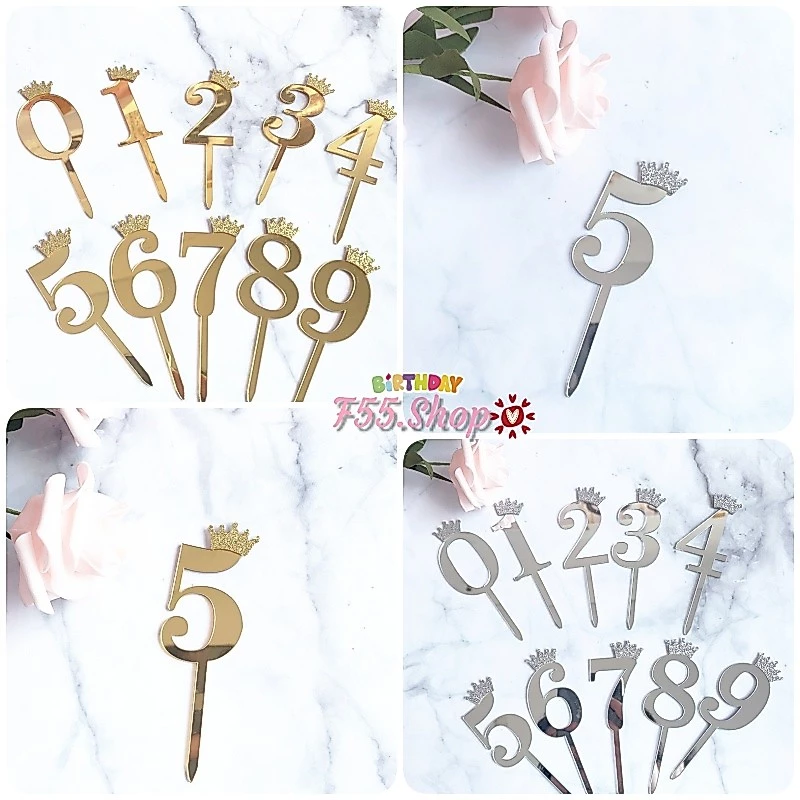 ป้ายปักเค้ก ป้ายอะคริลิค สีเงินและสีทอง ตัวเลข 0-9 สําหรับตกแต่งเค้กวันเกิด // 🛒สินค้าพร้อมส่งนะคะ🛒
