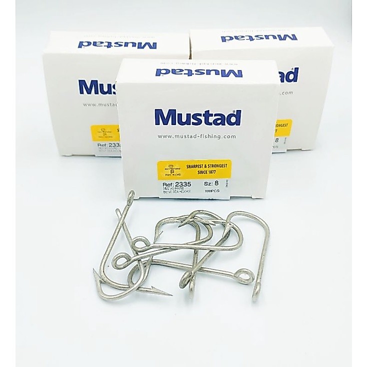 เบ็ดป้ายเหลือง Mustad 2335 เบ็ดหน้าตรงก้านยาวตูดห่วง บรรจุ 100ตา/กล่อง เบ็ดตรากุญแจ
