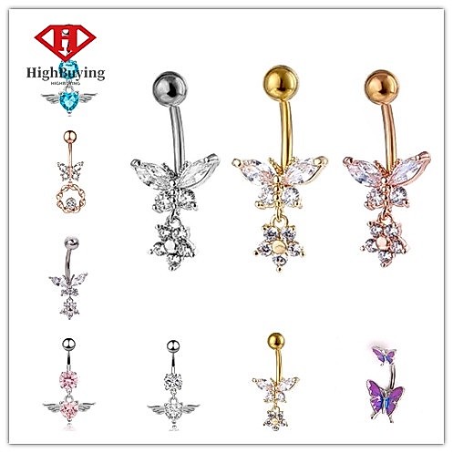 [highbuying] จิวเจาะสะดือ รูปผีเสื้อ ประดับเพทาย คริสตัล