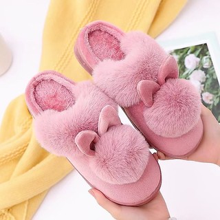 Women's Pink Bunny Ear Pom-pom Slippers - Soft Suede Faux Fur Warm Indoor House Shoes