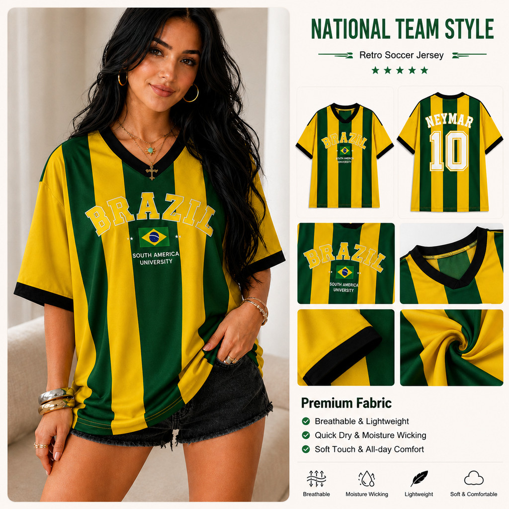เสื้อเจอร์ซีย์ฟุตบอลบราซิล เลข 10 คอวี ทรงโอเวอร์ไซซ์ ลายทางวินเทจ แฟชั่นสตรีท