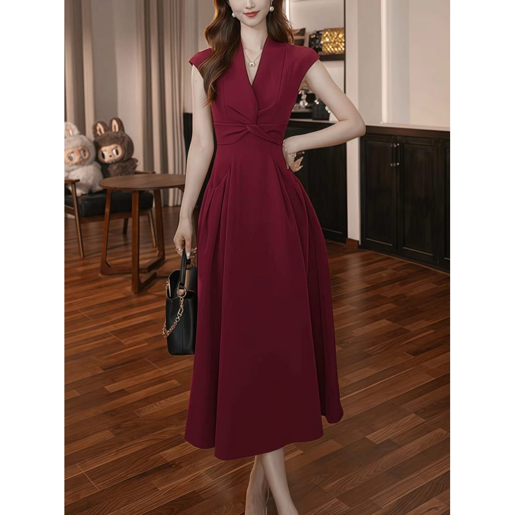 สีแดง ยาว แขนกุด สบายๆ เดรสน่ารัก แฟชั่น ใส่สบาย หรู คอวีV ชุดเดรส summer red midi dress ออกงาน