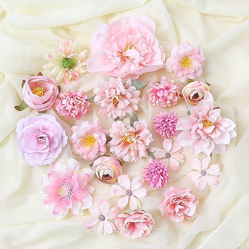 4.5-10 ซม.21 PCS ประดิษฐ์ดอกไม้สีชมพูชุดงานแต่งงานตกแต่งบ้าน DIY พวงหรีด Hairpin เข็มกลัดของขวัญดอกไม้ผ้าไหมปลอม Flowe