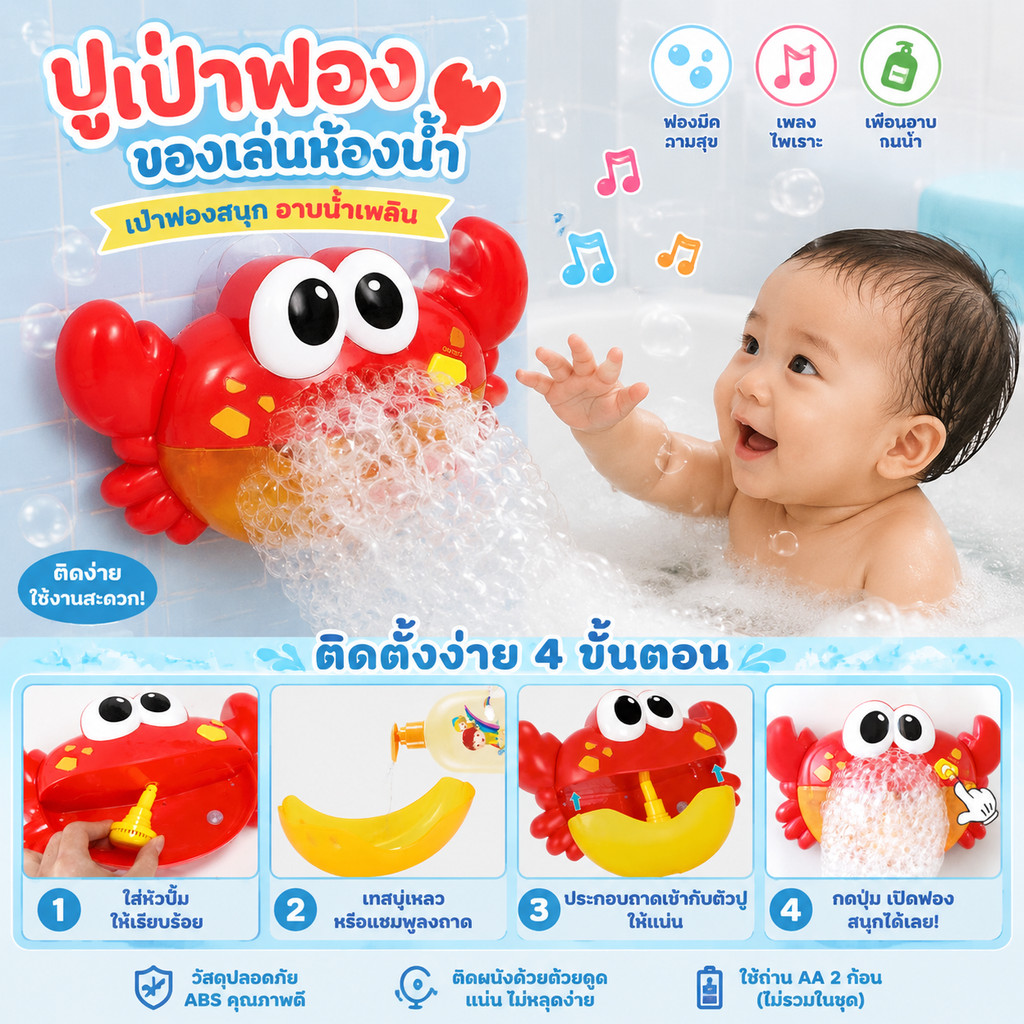 ปูเป่าฟอง ของเล่นห้องน้ำเด็ก Bath Toys Bubble เครื่องเป่าฟองสบู่ ของเล่นในน้ำ