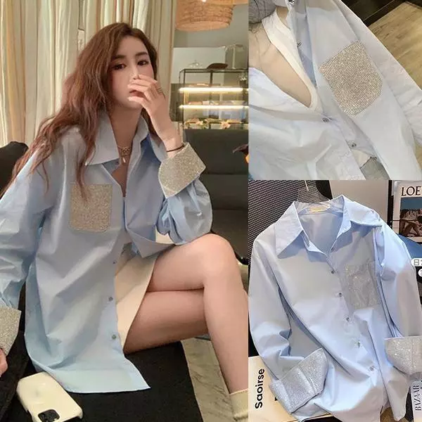 เสื้อเชิ้ตทรงหลวมความยาวปานกลาง ดีไซน์ประดับเลื่อม แต่งกากเพชรบริเวณปลายแขนเสื้อและกระเป๋าหน้าอก สำหรับผู้หญิง#99475