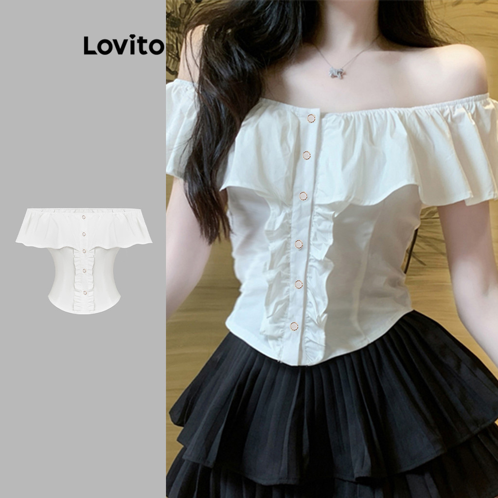 Lovito เสื้อเบลาส์ แต่งจีบ แต่งระบาย กระดุมหน้า สีพื้น สไตล์น่ารัก สำหรับผู้หญิง L114AD634