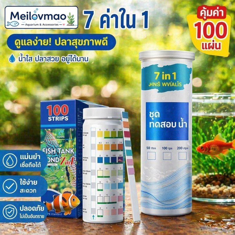 Meilovmao แถบทดสอบคุณภาพน้ำ ตู้ปลา 7in1 กระดาษวัดค่าน้ำ pH คลอรีน ไนเตรต น้ำจืด 100 แผ่น